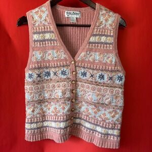 Gina Peters Petite Pink Fair Isle Floral Knit Button Front Sweater Vest PM